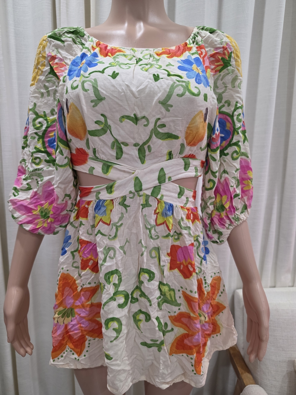 FARM Rio Floral Cutout Puff Sleeve Mini Dress Multicolor Brazil